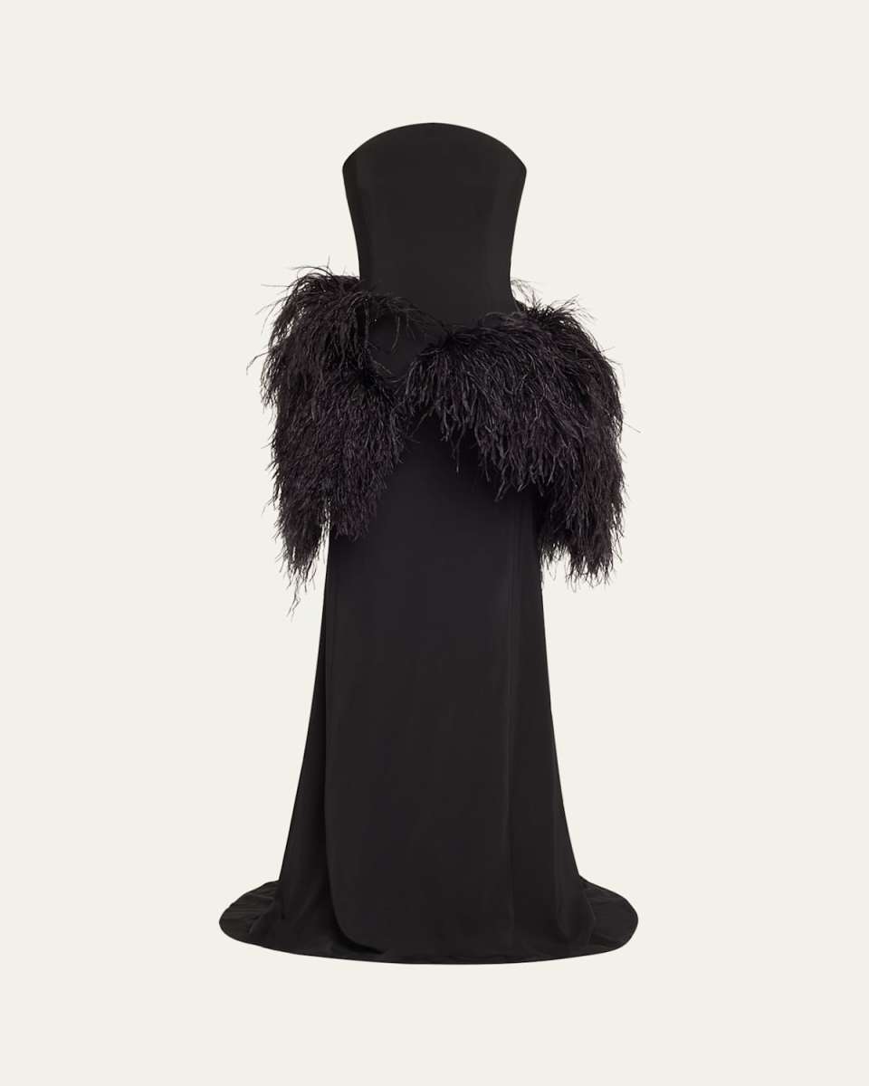 Strapless Feather Peplum Cady Gown